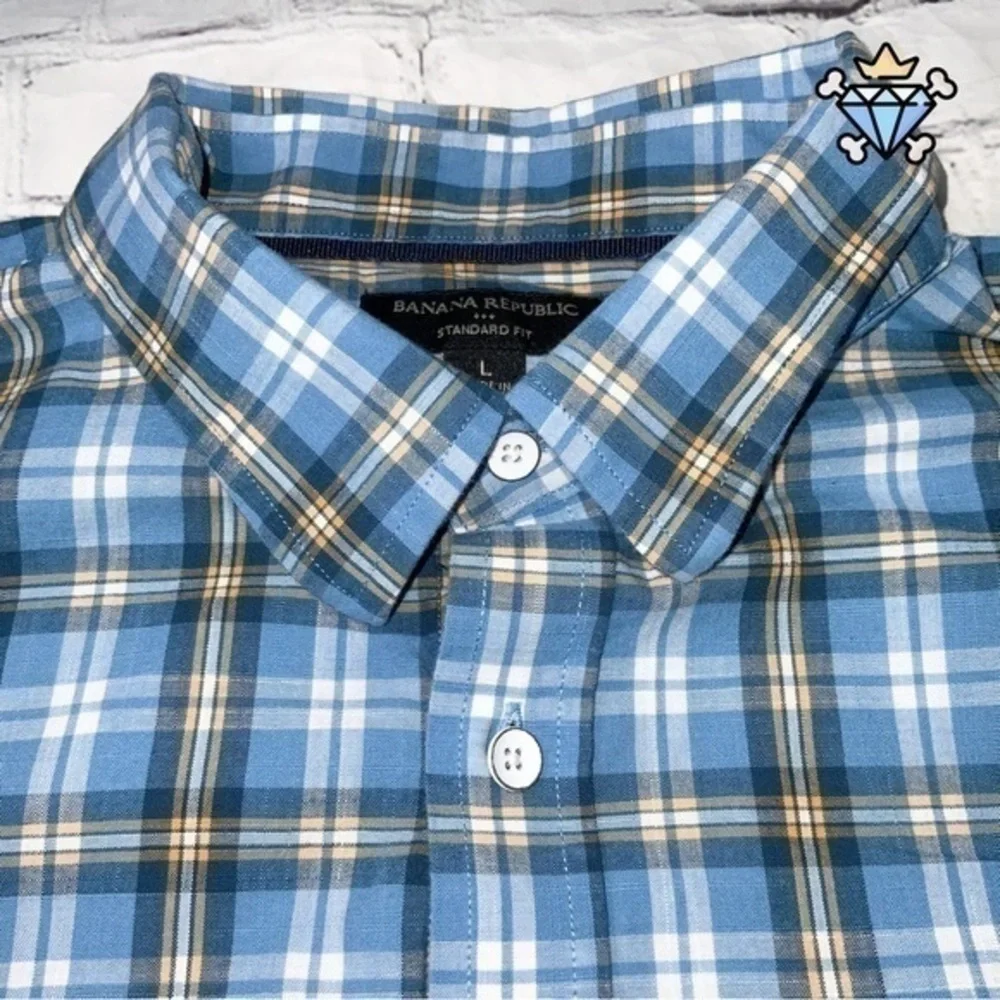 BANANA REPUBLIC MENS BLUE/YELLOW PLAID BUTTON DOWN SHIRT STANDARD FIT SIZE LARGE
